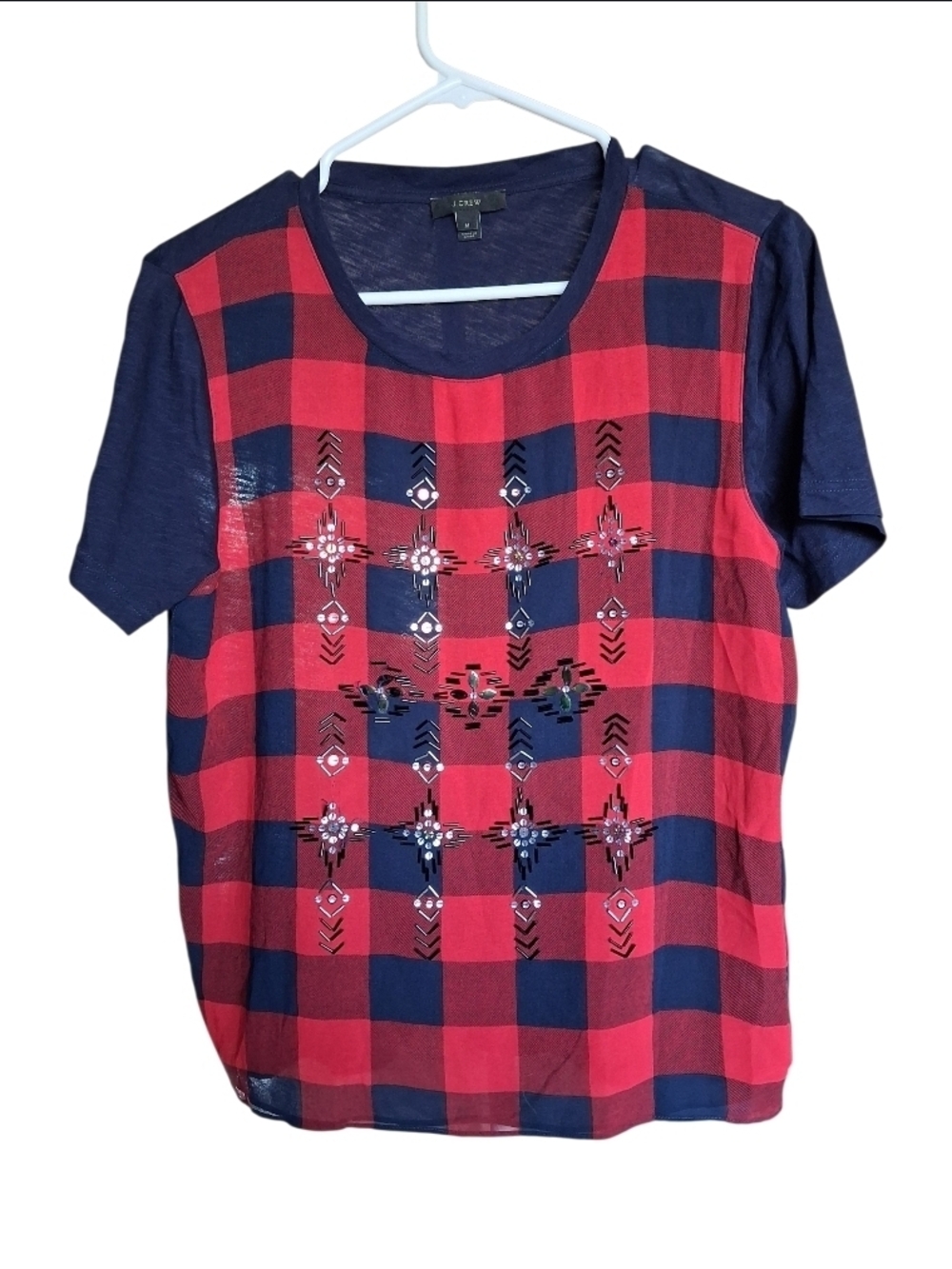 J.Crew Women's Beaded & Sequin Buffalo Plaid Top – Red & Navy Blue Short Sleeve